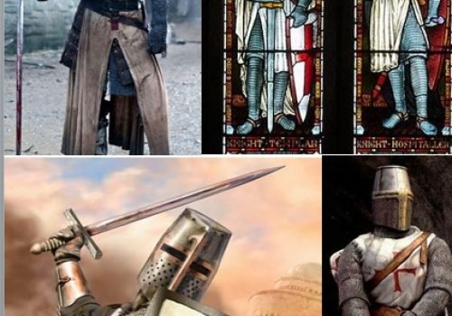 As principais ordens militares católicas de cavaleiros monásticos — com um Cavaleiro Templário no meio. No período medieval, os cavaleiros aqui identificados como “Malte” — ou seja, os Cavaleiros de Malta — eram conhecidos como Hospitalários ou Cavaleiros de São João de Jerusalém. Todos estiveram na guerra entre cristãos e mulçumanos.