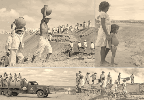 Família de retirantes informando a sua condição a um funcionário do governo na década de 1950.